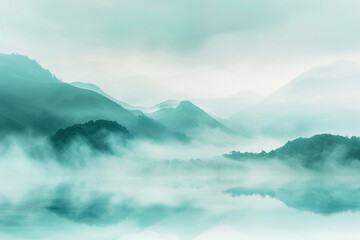 Create a mottled background that reflects the serene beauty of a misty morning in a mountainous landscape, with soft blues and greens blending into white fog