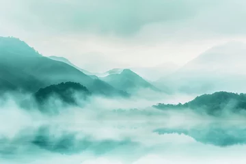Foto auf Alu-Dibond Create a mottled background that reflects the serene beauty of a misty morning in a mountainous landscape, with soft blues and greens blending into white fog © Counter