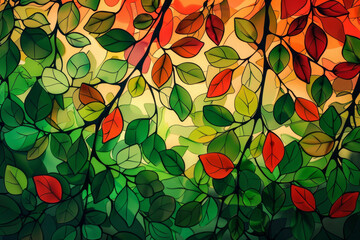 A abstract background of green and red leaves, growing and falling on the tree.