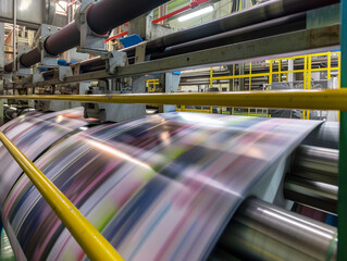 Dynamic view of printing production line, illustrating the fast-paced process