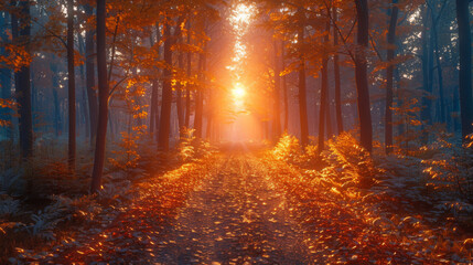 path through a golden forest at sunrise with fog and warm light.