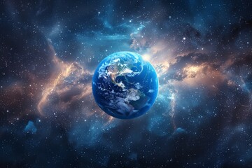The planet Earth is depicted floating in the vastness of space, surrounded by countless twinkling...