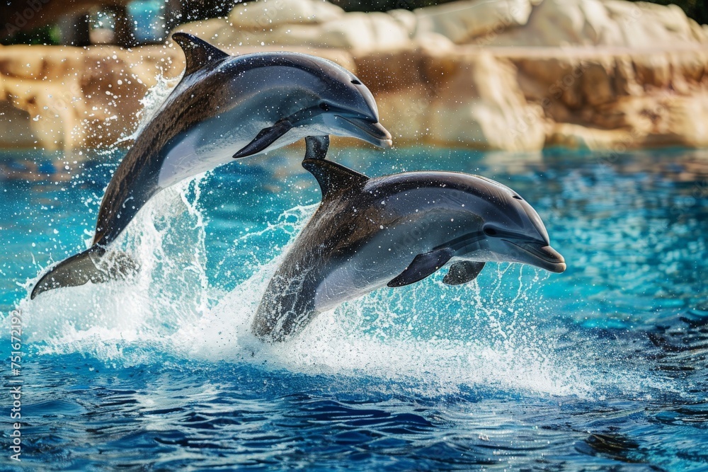 Wall mural Two dolphins leaping in synchronization during a show at a marine park