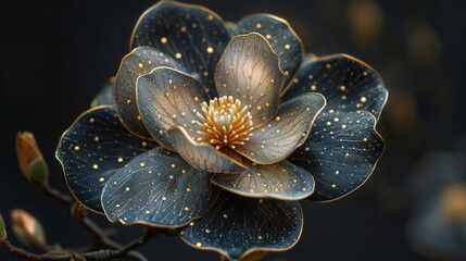 Beautiful spring black magnolia flower with golden decoration on black background as wallpaper illustration, Elegant Black Gold Magnolia Flower