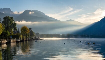 legere brume sur le lac d annecy france - obrazy, fototapety, plakaty