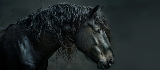Obraz na płótnie Canvas Majestic horse with a beautiful long mane standing gracefully in the darkness