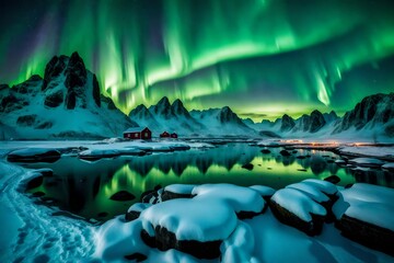 landscape with lake, Immerse yourself in the otherworldly beauty of the Lofoten islands as the night sky comes alive with the mesmerizing dance of the Aurora Borealis