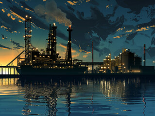 Fototapeta premium Sunset Over Waterfront Refinery