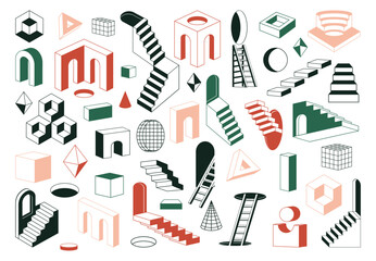 Abstract surreal stairs. Geometric monochrome ladders and minimal outline elements flat vector illustration set. Minimal design ladders collection