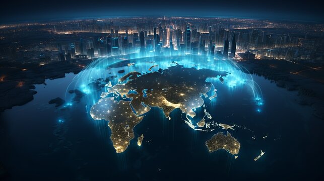 3D illustration of Earth showing illuminated cities and population density, suitable for themes of technology and the future.