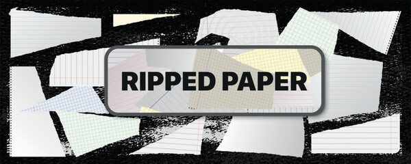 Paper scraps. Ripped papers, torn page pieces and scrapbook note paper piece for text, advertising or design. Vector illustration - 751672959