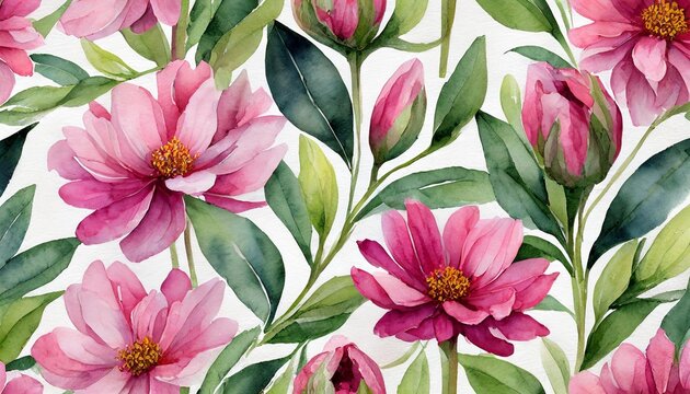 watercolor seamless pattern with pink flowers