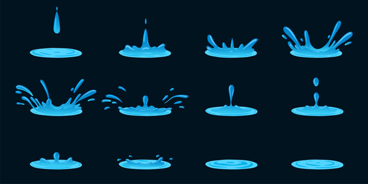 Dripping water animation. Cartoon liquid water splashes, clean aqua splatter animation frames flat vector illustration set. Water splash sprite sheet