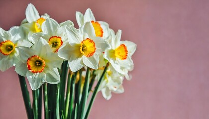 fresh scented bouquet of white narcissus on a colored backdrop isolated pastel background copy space