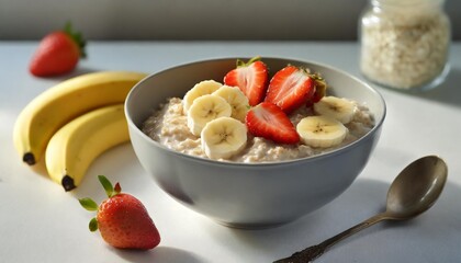 bowl of oatmeal porridge with strawberry and banana on white table top view healthy and diet breakfast