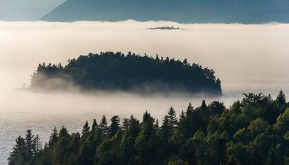 silhouette of a forested island lost in the fog