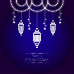 Fototapeta na wymiar Happy Eid Mubarak Neon Card with lanterns, stars and garland