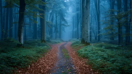 Papier Peint photo Lavable Route en forêt Pathway (tunnel) in a majestic beech forest at sunset. Mighty trees. Mysterious blue light, fog. Moon, twilight, night. Dark picturesque scenery. Wanderlust, silence, gothic, fairy tale concepts.