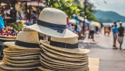 panama hats were sold on pedestal boards at pedestrian street in phuket thailand - obrazy, fototapety, plakaty