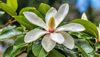 flower of the magnolia grandiflora the southern magnolia or bull bay tree of the family magnoliaceae - obrazy, fototapety, plakaty