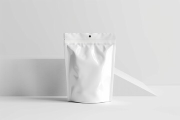 Mock-up of a coffee bag on a gray background with green leaves. Coffee gray bag with zipper.