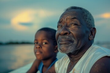 An older African American man and son enjoying fishing on the beach