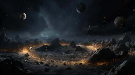 This artwork depicts a dramatic volcanic landscape beneath a night sky dotted with moons and stars