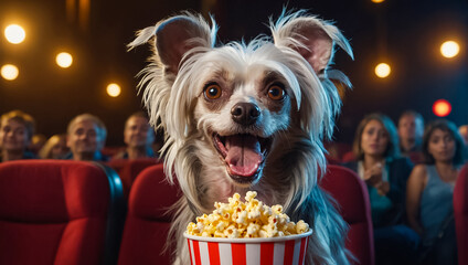 funny comic  dog in the cinema with popcorn