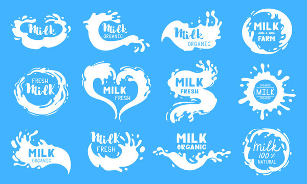 Milk splash labels. Cartoon cow or goat milk flows logos, white dairy product splash drops with lettering flat vector illustration set. Fresh milky splash logo collection