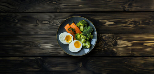 eggs, salmon and avocado in a plate on wooden background - obrazy, fototapety, plakaty