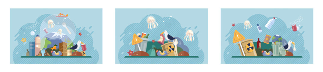 Waste pollution. Vector illustration. Ecologic balance is crucial for minimizing waste and pollution in environment The poisoning ecosystems through waste contamination poses severe threat