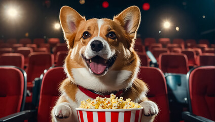 funny dog in the cinema with popcorn watching a movie
