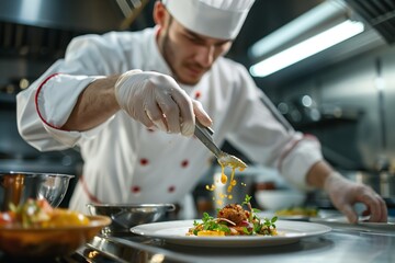 Professional Chef Finishing a Gourmet Dish with Sauce, Ideal for Culinary Arts and Gastronomy Promotion