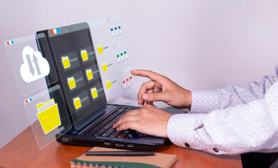 businessman uploads and downloads information in the cloud in an orderly fashion, easy to access