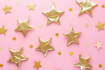 Fototapeta na wymiar Golden Stars on Pink Background Festive and Elegant Top View Composition with Sparkling Decorations