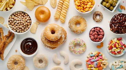 different processed foods, top view