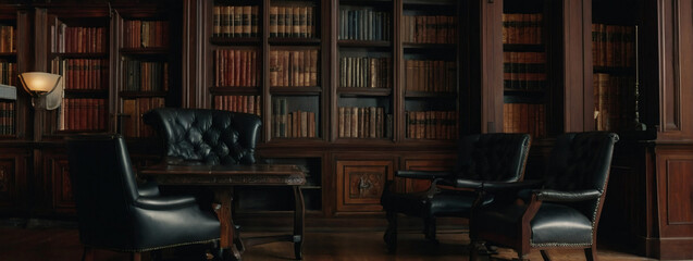 Tudor-style library with dark wood paneling and leather armchairs - obrazy, fototapety, plakaty