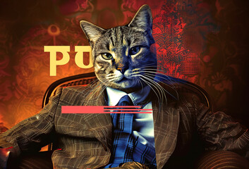 Cat Wearing Suit and Tie Sitting in Chair. Generative AI - obrazy, fototapety, plakaty