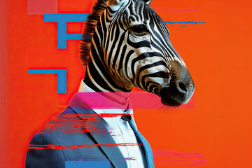 Zebra Wearing Suit and Tie in Front of Orange Background. Generative AI