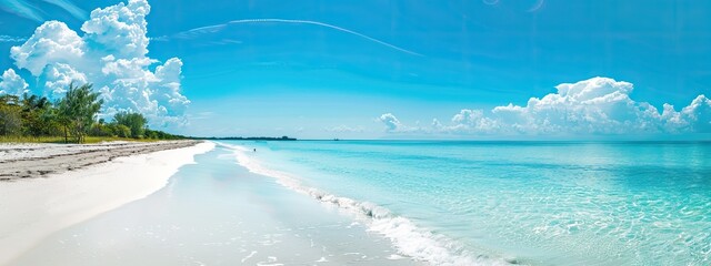 panoramic sandy beach and clear blue skies, banner format, copy space - obrazy, fototapety, plakaty
