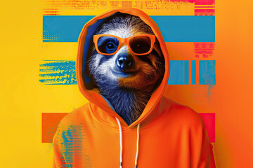 Stylish Sloth Wearing Hoodie and Sunglasses. Generative AI