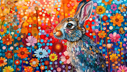 A stunning mosaic-style rabbit sits amidst a lush, fantastical garden