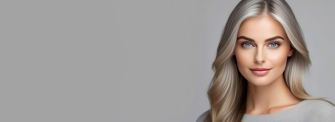 A photo portrait of a beautiful young woman with long blond silk hair. To advertise hair care cosmetics. Banner, a place to copy