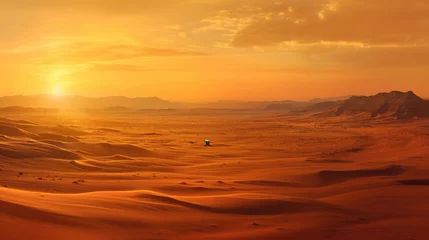 Foto op Canvas The sun dips below the horizon, casting a warm golden glow over the smooth, windswept sand dunes of a vast and majestic desert landscape. The sun sets over a vast desert. Resplendent. © Summit Art Creations