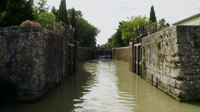 Aerial view of the Canal du Midi, with an open lock visible. Beautiful challenge accomplished by Pierre-Paul Riquet