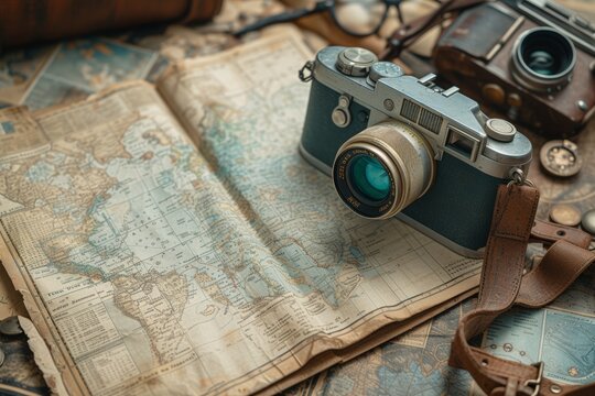 Vintage camera on map, exploration, travel, adventure.