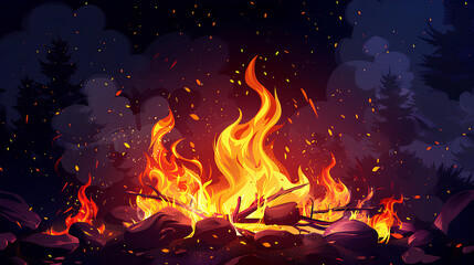 Burning fire on a black background. - obrazy, fototapety, plakaty