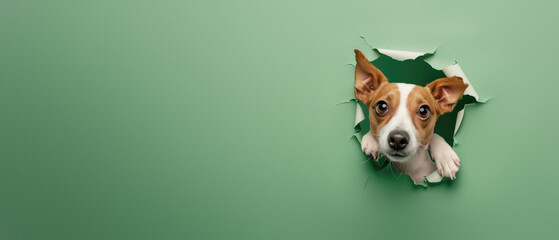 Energetic Jack Russell Terrier pokes its head through a tear in green paper, conveying playfulness and anticipation