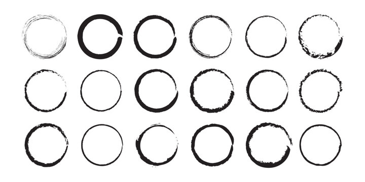 Grunge circles brush collection. Black circle frames. Round line of black paint. Brush strokes symbol. Circular ink brush stroke from design elements.