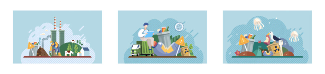 Waste pollution. Vector illustration. The waste pollution metaphor highlights destructive impact irresponsible waste disposal practices Ecology plays vital role in maintaining balanced and healthy